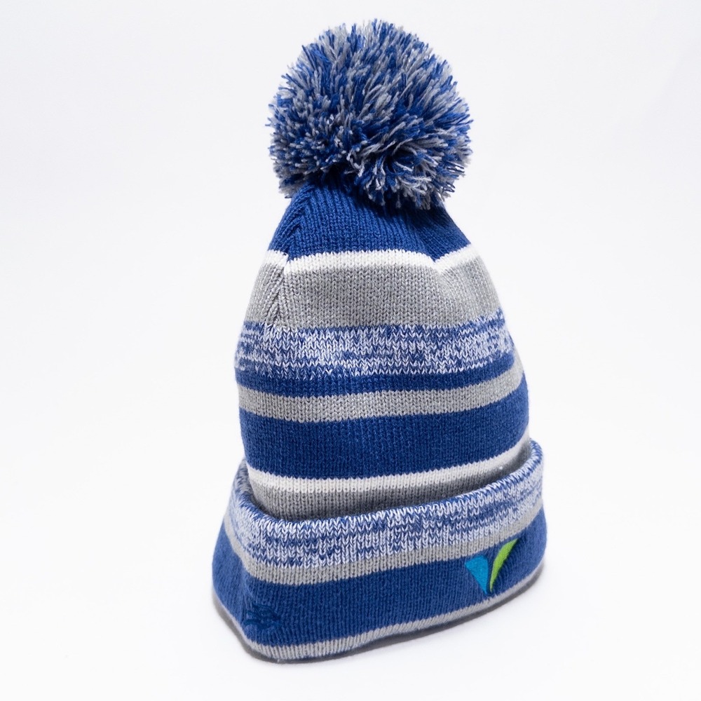 New Era Pom Pom‎ Knit Beanie Gray Blue Striped Winter Hat - Picture 3 of 17